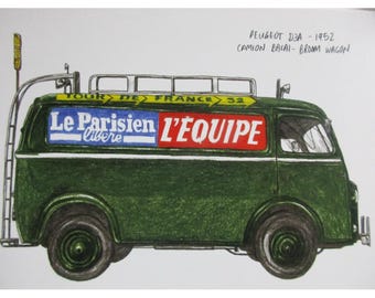 Postkarte - peugeot d3acomion balai "besenwagen" 1952 radfahren fahrer helfer