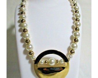 Gold Tone and Faux Pearl Circle Pendant Engraved 18" Necklace (See Photos)