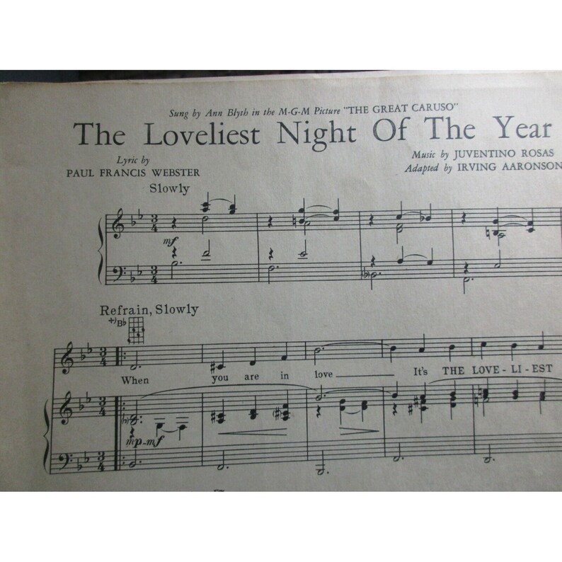 The Loveliest Night of the Year Sheet Music Piano Vocal Guitar 1952 Etsy
