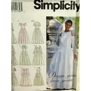 May include: A Simplicity sewing pattern envelope featuring a white wedding gown with a textured bodice, cold-shoulder sleeves, and a full skirt. The cover displays a photograph of the finished gown and illustrations of various dress design options.