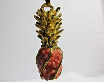 Hawaii Coral Factory - Gold Tone Pink Coral Pebble Pineapple Pendant 1"L X 5/8"W