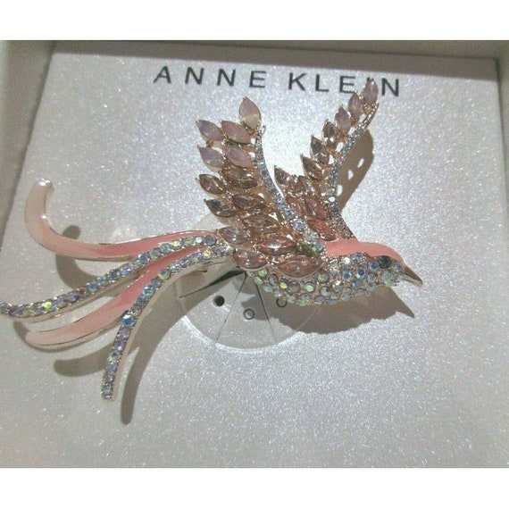 Anne Klein Brooch Pink Bird With Clear and Amber Pave Rhinestones