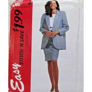 May include: A McCall's sewing pattern envelope for a two-piece suit featuring a blue and white gingham blazer and a matching knee-length skirt. The red side panel displays the text 6360, 16-18-20-22, and Easy Stitch 'N Save.