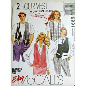 May include: A McCall's sewing pattern envelope for a 2 Hour Vest, size extra-small. The cover features illustrations of three different vest styles worn over shirts and pants or skirts, with the text 2 HOUR VEST and LE GILET EN 2 HEURES.
