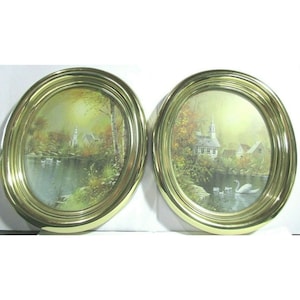 Vintage Lot de 2 métal doré encadré ovale Country Church Town Swan Ducks Lake