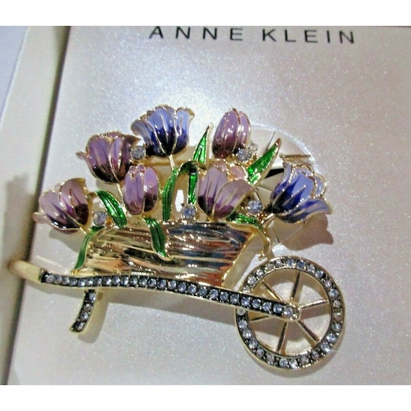 Anne Klein Brooch Tulips in Wheelbarrow 2.5"Wide Pave Rhinestones & Enamel