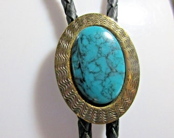 Turquoise Bolo Tie Natural Stone 36 inch Adj Leather Cord Gold Bezel & Tips