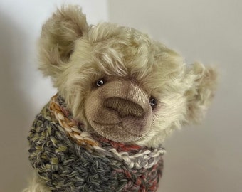 Lemon Yellow Mohair Artist Teddy Bear Wearing Crocheted Scarf