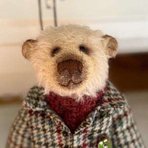 May include: A white teddy bear wearing a green, red, and black plaid jacket, a red turtleneck sweater, and green pants. The bear is standing on a book with blue and white illustrations.
