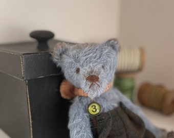 Blue Mohair Artist Teddy Bear in Wool Pants