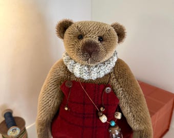 Artist Mohair Teddy Bear in Wool Overalls