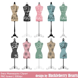 Puede incluir: Conjunto de diez maniquíes de estilo vintage con diferentes patrones y colores. Los maniquíes están en soportes con detalles ornamentados. Los patrones incluyen diseños florales, damasco y de temática parisina.