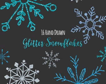 Snowflake Clipart, Digital Snowflakes, Glitter, Hand Drawn, Snowflake Graphics, Printable, Commercial Use