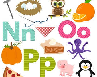 May include: Alphabet clipart set featuring letters N, O, and P with corresponding illustrations.  Includes a nest with eggs, a needle and thread, a red and white checked triangle, an owl, an orange, a pumpkin, a pie, an octopus, a pizza slice, a paintbrush, a pig, and a penguin.