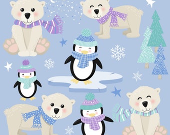 Winter Animal Clipart | Polar Bear & Penguin | Winter Printables (Commercial Use)