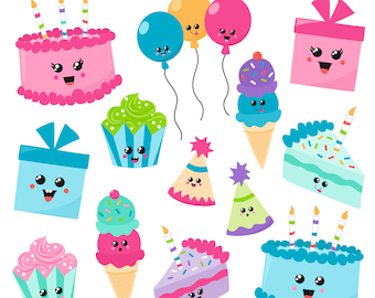 Birthday Clipart, Kawaii Birthday Clipart, Digital Birthday Clipart, Birthday Graphics, Printable, Commercial Use