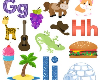 May include: A selection of colourful clip art elements including the letters G, H, and I, a giraffe, a horse, a hamster, a guitar, a bunch of grapes, a cowboy hat, a lizard, an ice cream cone, a palm tree on an island, a hamburger, and an igloo.