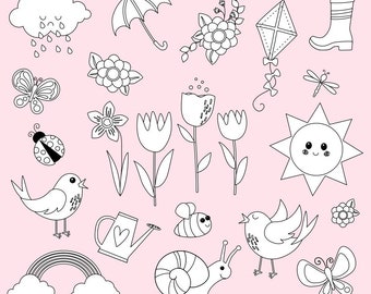 Digi Stamps, Spring Clipart, Digital Stamps, Black and White Lines, Printable, Commercial Use