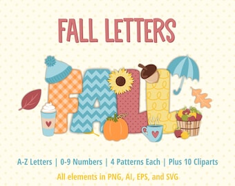 Fall Letters Clipart, Alphabet SVG Bundle, Autumn Sublimation, Doodle Letters, Printable, Small Commercial Use
