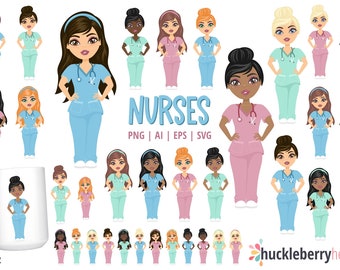 Female Nurse Clipart, Medical SVG Bundle, Chibi PNG, Healthcare Graphics, Small Commercial Use