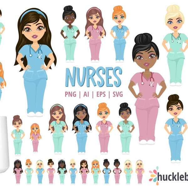 Female Nurse Clipart, Medical SVG Bundle, Chibi PNG, Healthcare Graphics, Small Commercial Use