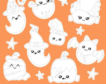Könnte beinhalten: Ein Set mit neun schwarzen und weißen digitalen Stempeln mit niedlichen Halloween-Charakteren. Die Charaktere umfassen ein Gespenst, eine Hexe, einen Kürbis, eine Mumie, einen Frankenstein, eine Fledermaus und eine Katze. Die Stempel sind perfekt, um Ihren Halloween-Bastelarbeiten und -Projekten einen Hauch von Verspieltheit zu verleihen.