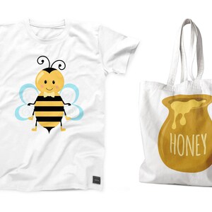 May include: A white t-shirt with a cartoon bee wearing a bow tie and a white tote bag with a honey pot illustration and the word "Honey" printed on it.