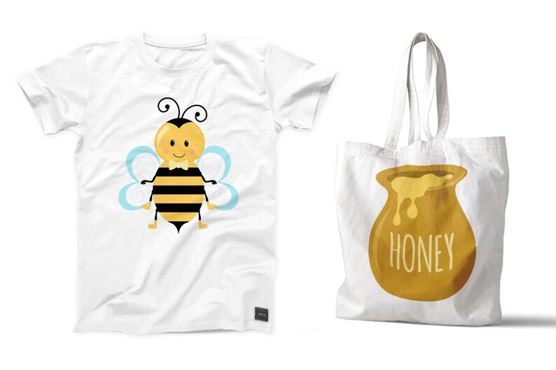 May include: A white t-shirt with a cartoon bee wearing a bow tie and a white tote bag with a honey pot illustration and the word "Honey" printed on it.
