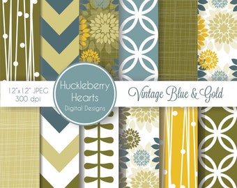 Vintage Blue and Gold Digital Scrapbook Paper or Background with Blue, Gold and Olive Green