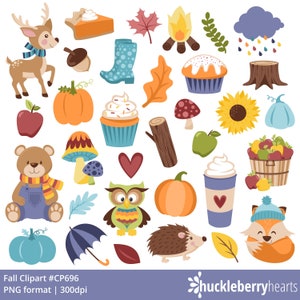 May include: A set of 25 fall-themed clip art images in PNG format. The images include a deer, a pumpkin, a cupcake, a bear, an owl, a hedgehog, a fox, a mushroom, a sunflower, a tree stump, a campfire, a leaf, an apple, a heart, a rain cloud, a pie, a boot, a coffee cup, an umbrella, and a basket of apples. The images are perfect for use in scrapbooking, card making, and other craft projects.
