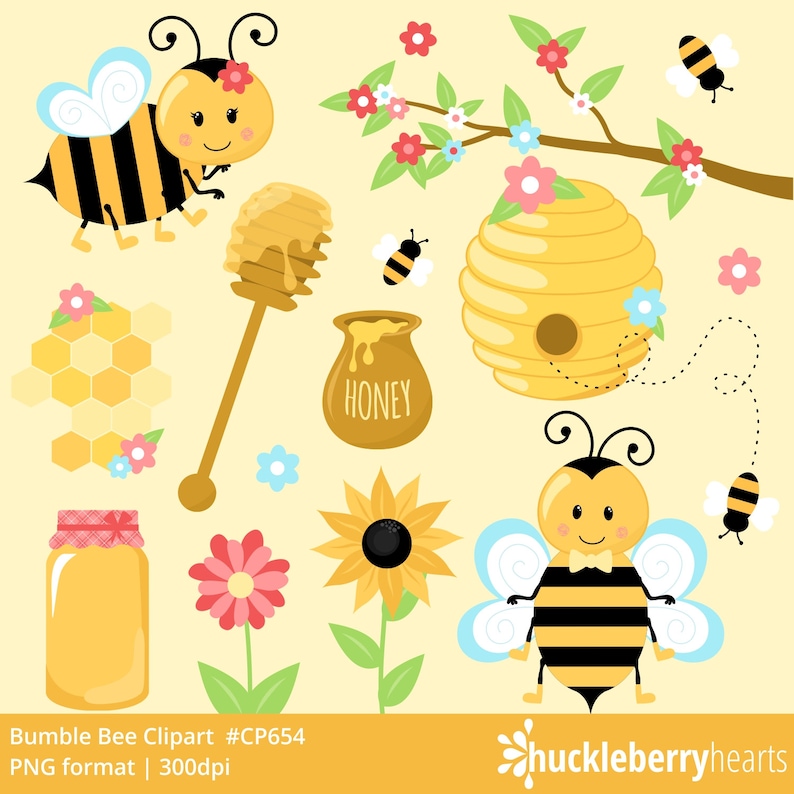 May include: A set of cute bee-themed clipart images, including bees, a honeycomb, a beehive, flowers, a jar of honey, a honey dipper, and a sunflower. The images are in a cartoon style and are perfect for adding a touch of whimsy to your projects.