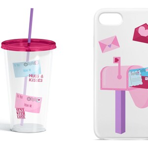 May include: A clear plastic tumbler with a magenta lid and straw, featuring two envelope graphics with the text HUGS & KISSES and SENT WITH LOVE, alongside a white phone case displaying a pink mailbox and floating envelopes.