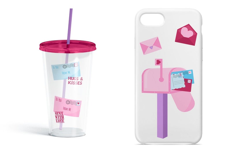 May include: A clear plastic tumbler with a magenta lid and straw, featuring two envelope graphics with the text HUGS & KISSES and SENT WITH LOVE, alongside a white phone case displaying a pink mailbox and floating envelopes.
