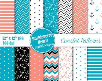 Nautical Digital Paper, Nautical Scrapbook Paper, Coastal Patterns, Anchors,
