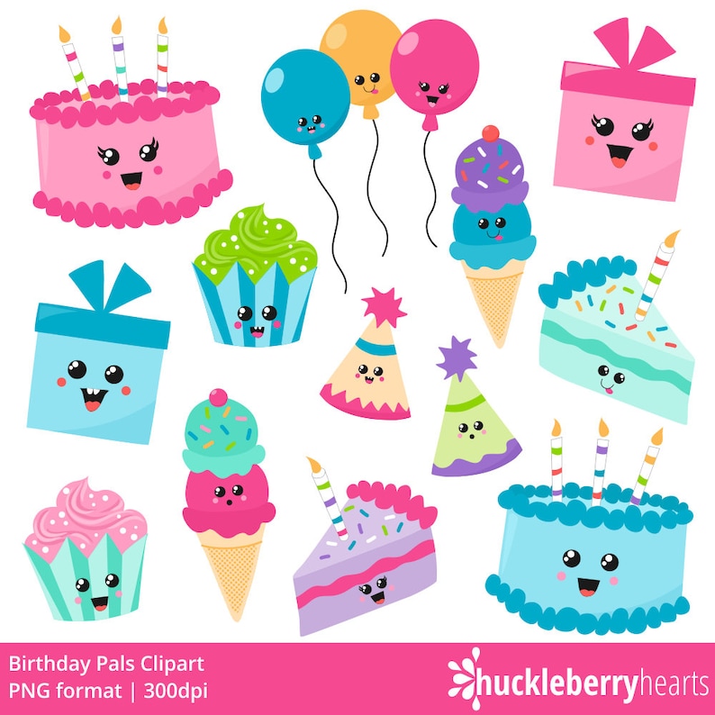 May include: A set of 12 colorful birthday party clipart images featuring a cake, cupcakes, ice cream cones, party hats, presents, and balloons. Each image has a cute cartoon face with eyes, a mouth, and rosy cheeks.