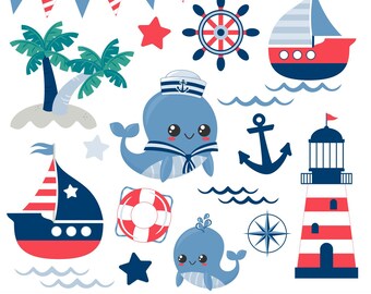 Imágenes prediseñadas náuticas / Paquete de archivos SVG de navegación y ballenas / Imprimibles con temática oceánica / Uso comercial
