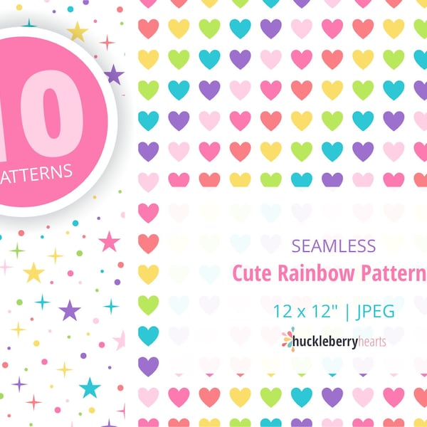 Cute Rainbow Digital Patterns, Rainbow Hearts Digital Paper, Printable, Small Commercial Use, #DP334