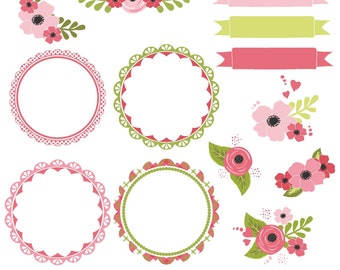 Flower Clipart, Flower Clip Art, Pink Frames, Frame Clipart, Pink Flowers, Printable, Commercial Use