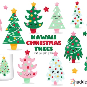 Christmas Tree Clipart, Christmas Tree SVG, Christmas Clipart, Kawaii Christmas Trees, Printable, SVG, Commercial Use, CP567 image 1