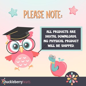 May include: An illustration of an owl wearing a graduation cap and glasses, pointing to a chalkboard with the text "ALL PRODUCTS ARE DIGITAL DOWNLOADS. NO PHYSICAL PRODUCT WILL BE SHIPPED."