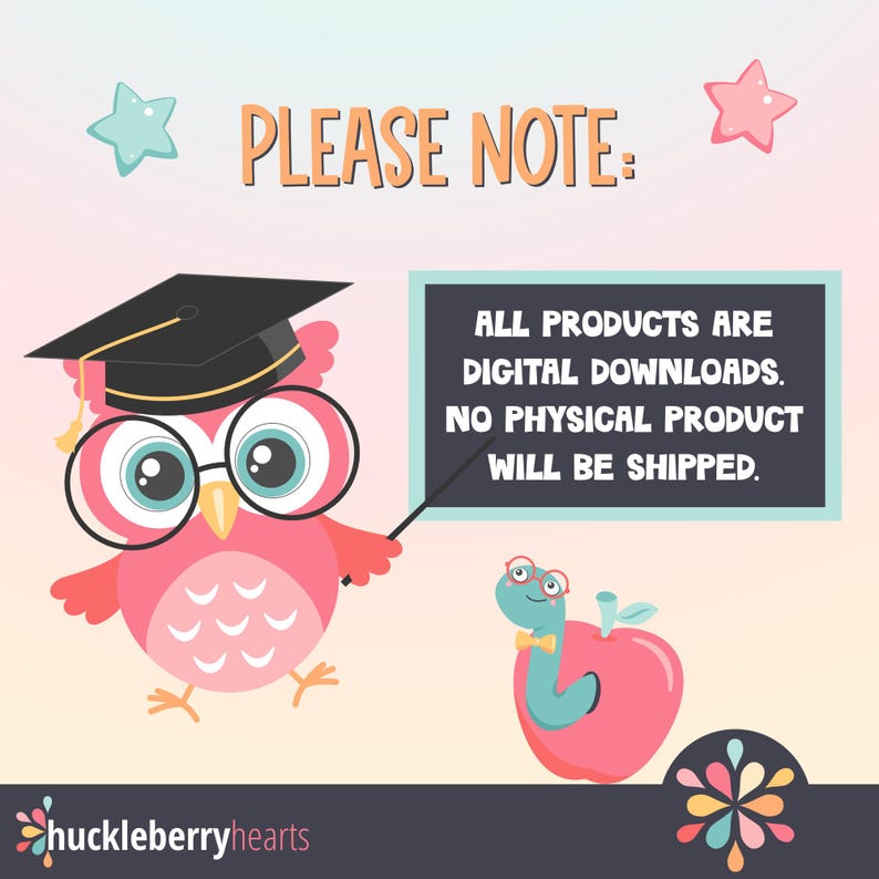 May include: An illustration of an owl wearing a graduation cap and glasses, pointing to a chalkboard with the text "ALL PRODUCTS ARE DIGITAL DOWNLOADS. NO PHYSICAL PRODUCT WILL BE SHIPPED."