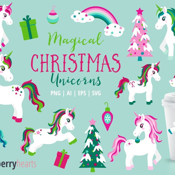 Christmas Unicorn Clipart, Magical Unicorn SVG Bundle, Cute Christmas Clipart Bundle, Christmas Unicorn SVG, Printable, Commercial Use