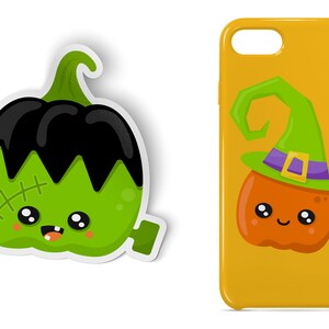 May include: Two phone cases with Halloween-themed designs. One case features a green pumpkin with a Frankenstein face and the other case features an orange pumpkin wearing a witch's hat.