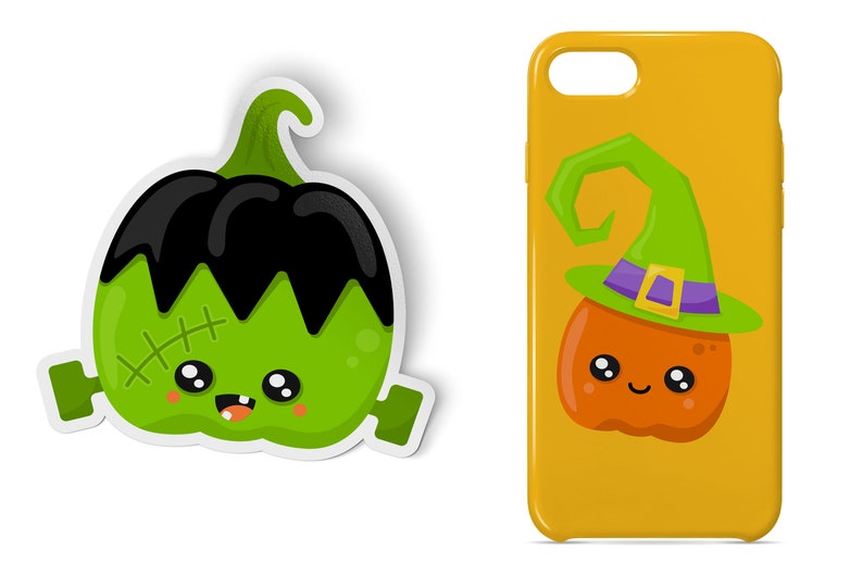 May include: Two phone cases with Halloween-themed designs. One case features a green pumpkin with a Frankenstein face and the other case features an orange pumpkin wearing a witch's hat.