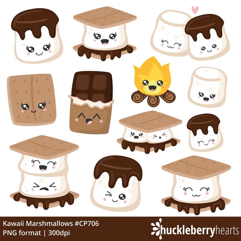 Cute Smores Clipart, Marshmallow SVG, Kawaii Marshmallows PNG, Printable, Small Commercial Use image 2