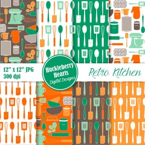 Retro Kitchen Baking Digital Paper, Kitchen Scrapbook Paper, Digital Kitchen, Vintage Kitchen Paper, Spoons, Patterns