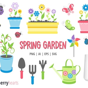 May include: A set of colourful spring garden themed clipart images, including flowers, butterflies, ladybirds, gardening tools, a watering can, and a mug. The text "SPRING GARDEN" is in the centre of the image.