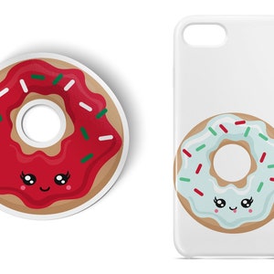 May include: Two phone cases with a cute cartoon donut design. One donut has red frosting and green sprinkles, the other has blue frosting and red and green sprinkles.