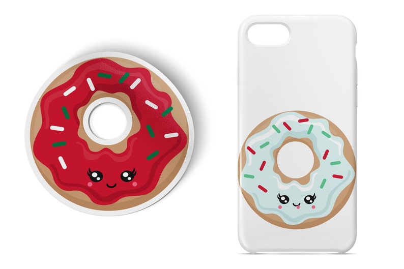 May include: Two phone cases with a cute cartoon donut design. One donut has red frosting and green sprinkles, the other has blue frosting and red and green sprinkles.