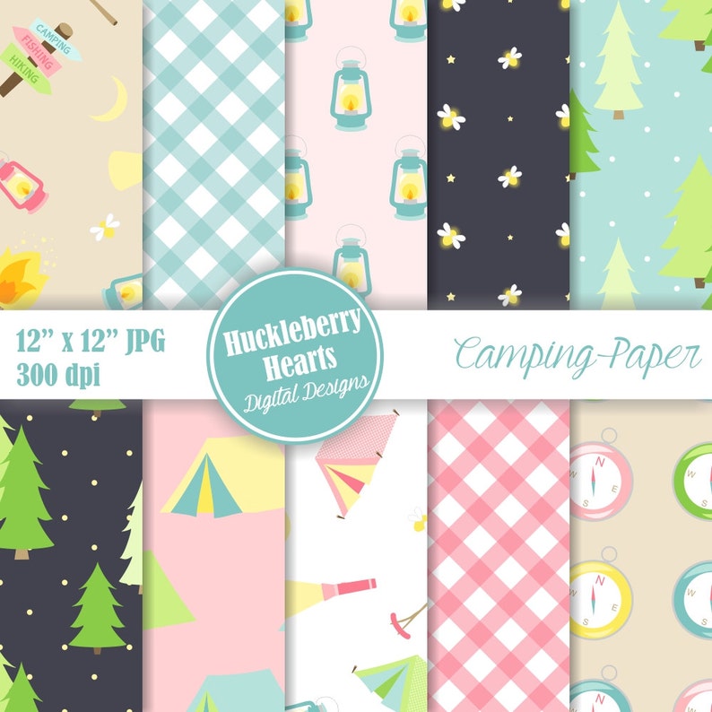 Digital Camping Paper, Camping Paper, Digital Scrapbook Paper, Glamping, Printable, Commercial Use image 1